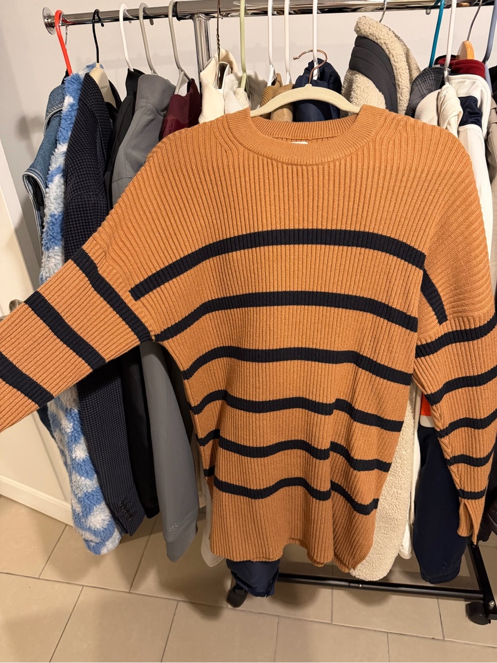 Women’s Striped Crewneck Sweater - Tan with Black Stripes